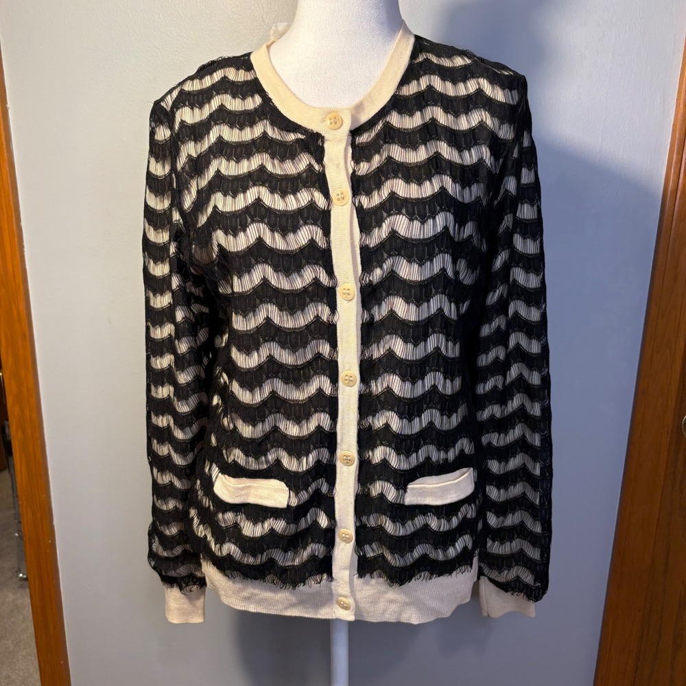 Trina Turk Black Lace Overlay Merino Wool Cardigan Sweater Cream‎ XS/S